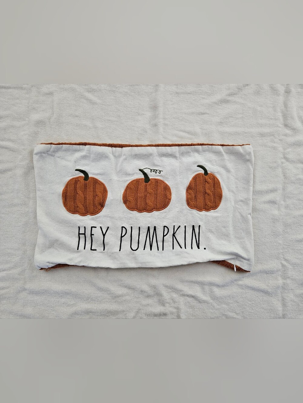 Rae Dunn Hey Pumpkin Lumbar Pillow Cover Cable Knit Applique Orange Fall